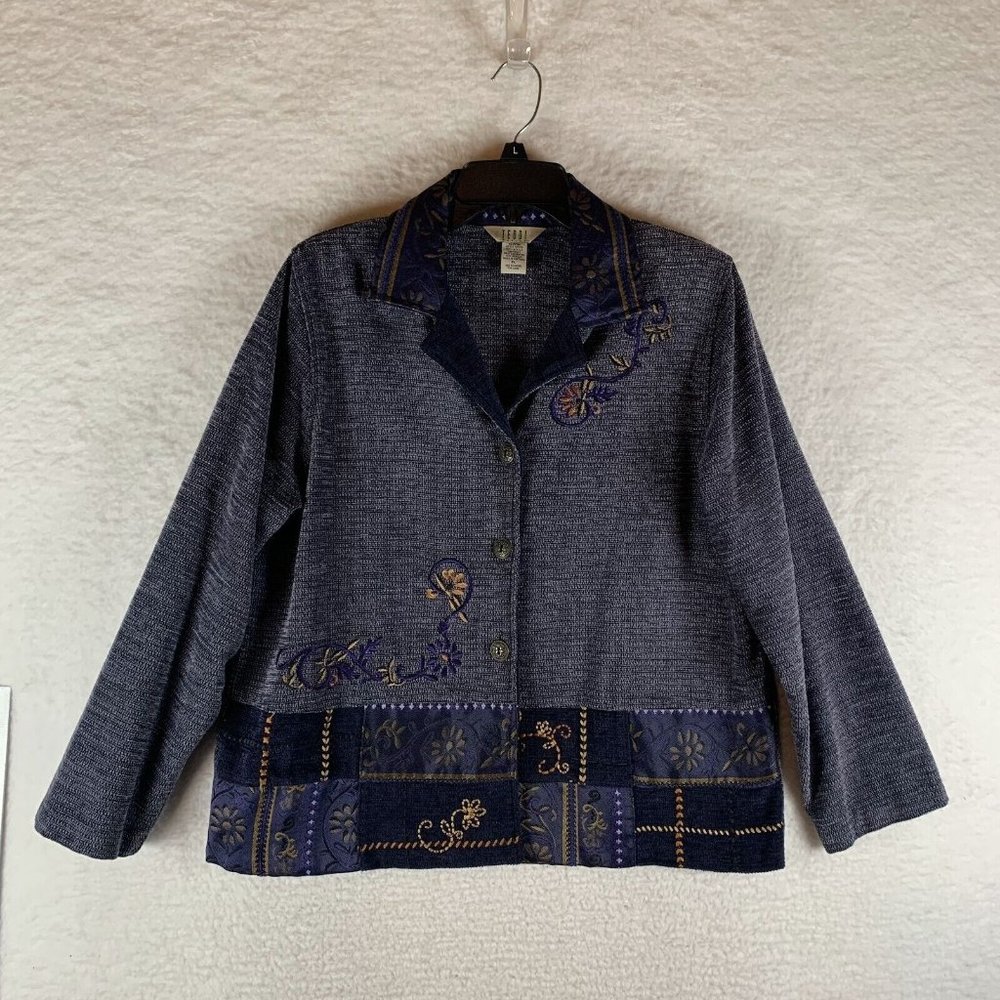 Teddi Blazer Women's Large Petite Purple Floral‎ Button Front Embroidered 8570
